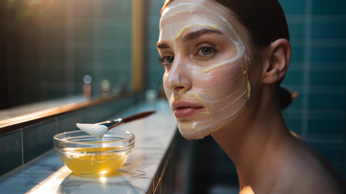 Illustration of a person applying a 10-minute egg white face mask, with a bowl of whisked egg white and brush nearby, as the protein film tightens the skin