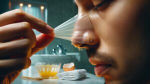 Illustration of an egg white nose strip being peeled from a nose to lift blackheads using a tightening protein film