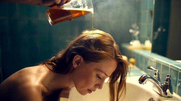 Illustration of a flat beer rinse being poured onto wet hair to boost root lift with yeast-derived compounds