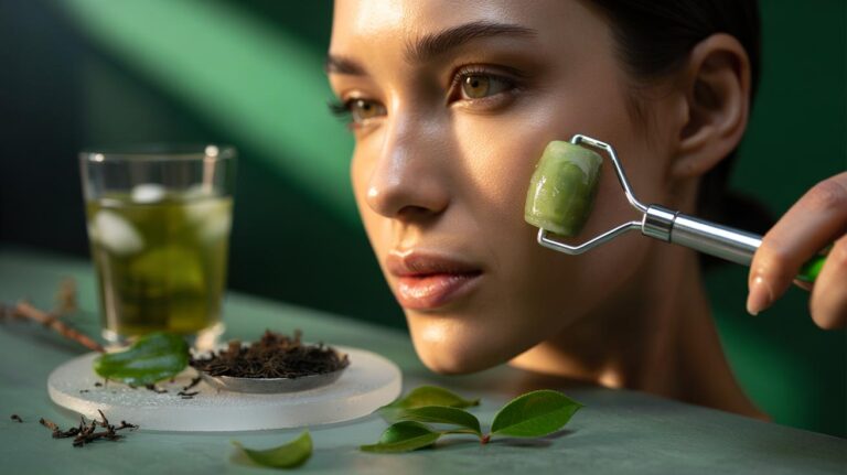 Illustration of a person using a green tea ice roller on the face to de-puff and contour