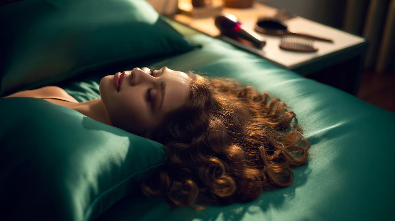 Illustration of a person sleeping on a silk pillowcase to keep hair frizz-free for days.