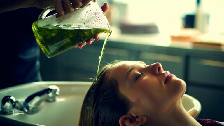 Illustration of a hairdresser pouring cold green tea over a client's scalp at a salon basin to promote hair growth