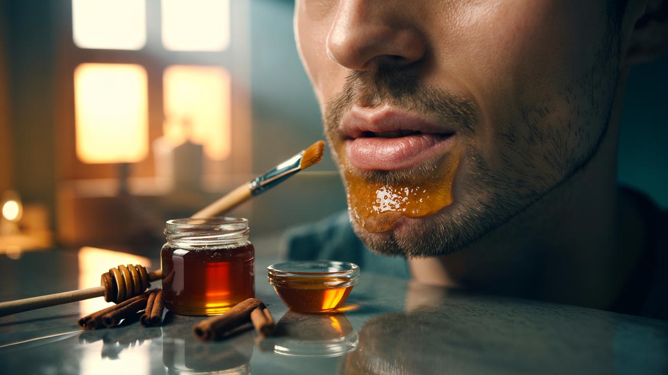 Illustration of raw honey and cinnamon paste being applied to facial hair to gently lighten it through natural peroxide
