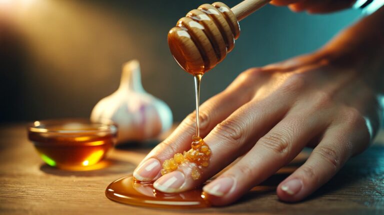 Illustration of clean fingernails and cuticles being massaged with a honey and crushed garlic mixture