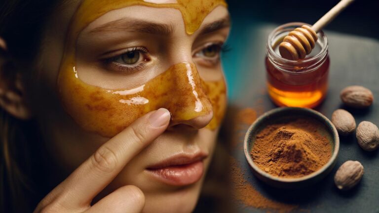 Illustration of honey and ground nutmeg paste being applied to the nose to unclog pores and reduce blackheads