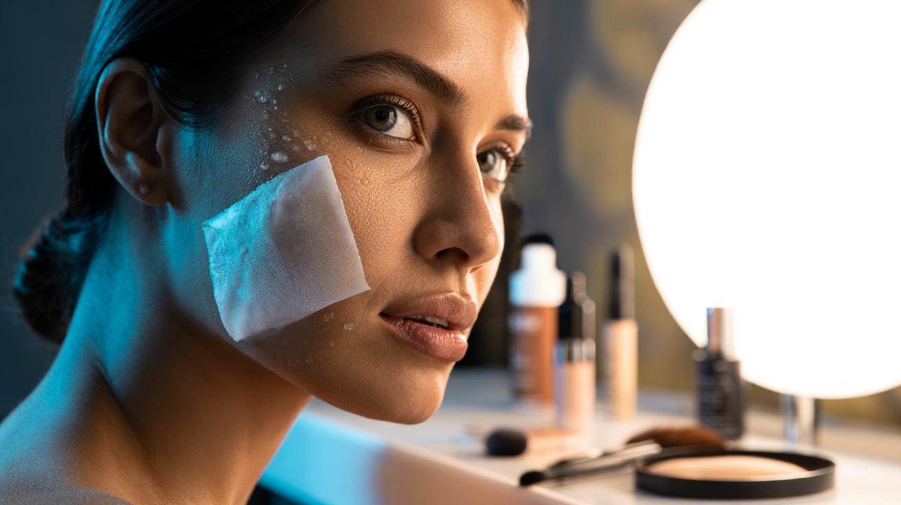 Illustration of a person rubbing an ice cube on the face to prep skin and set long-wear makeup