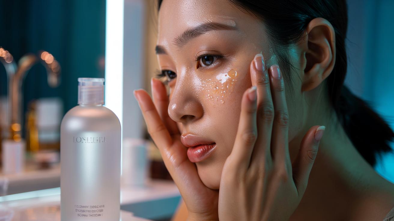 Illustration of the Korean 7-skin method using only toner, layered with palm presses, to achieve a glass-skin glow in five minutes