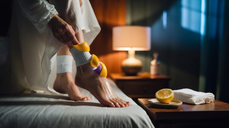 Illustration of lemon peel placed inside cotton socks on feet, demonstrating overnight whitening through citric acid