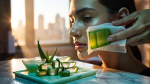 Illustration of a makeup artist gliding a chilled aloe vera cube across clean skin as a cooling primer to help makeup last in hot weather