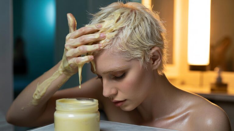 Illustration of a person with bleach-fried hair applying a mayonnaise mask to the damaged ends
