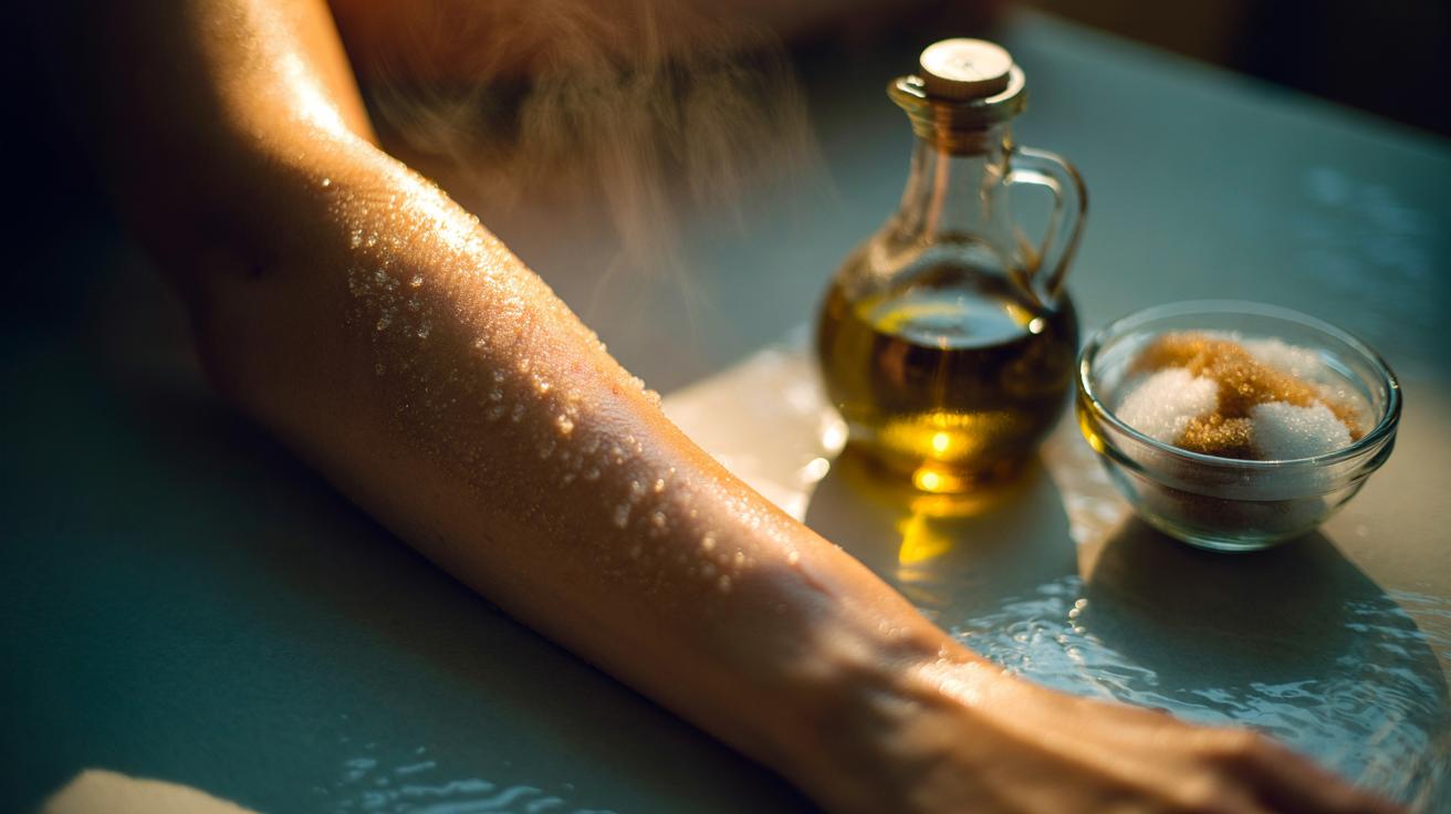Illustration of olive oil and sugar used as a gentle scrub to lift fake tan colour from skin