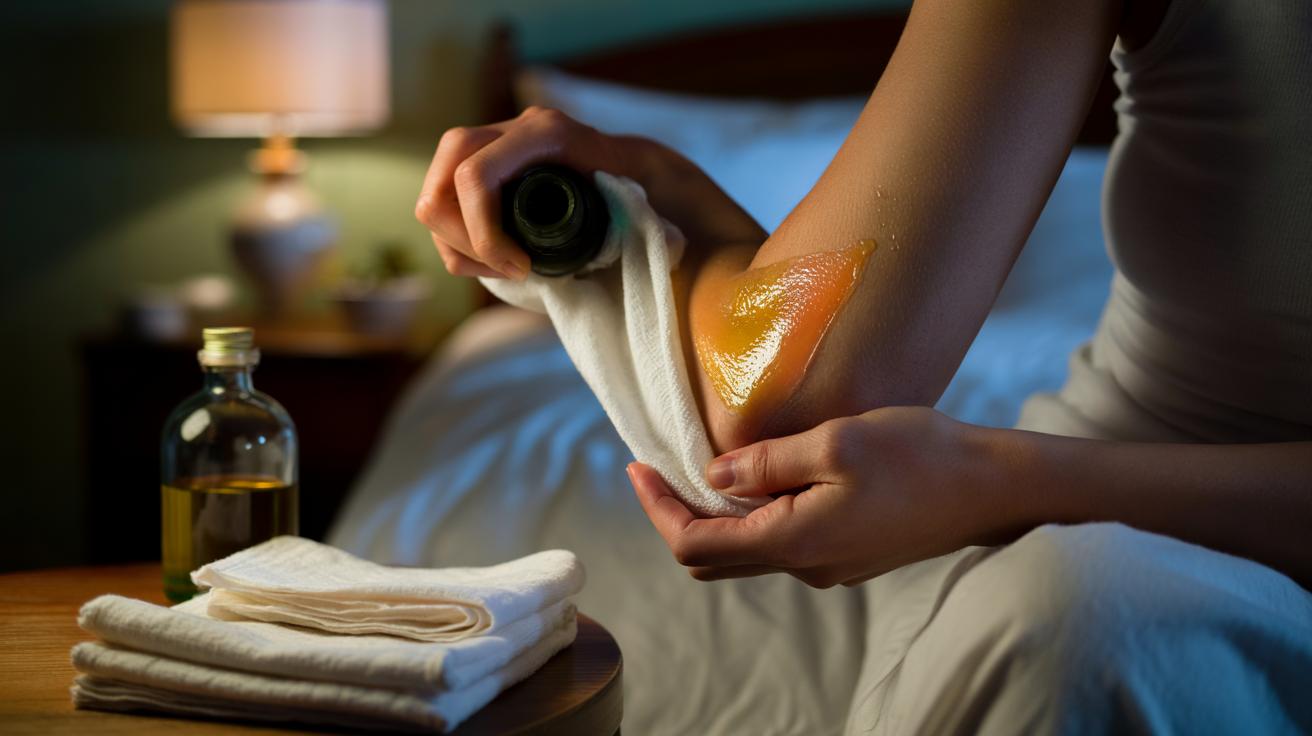 Illustration of an overnight olive oil wrap on cracked elbows, covered with a loose cotton sleeve to create occlusion and soften the skin