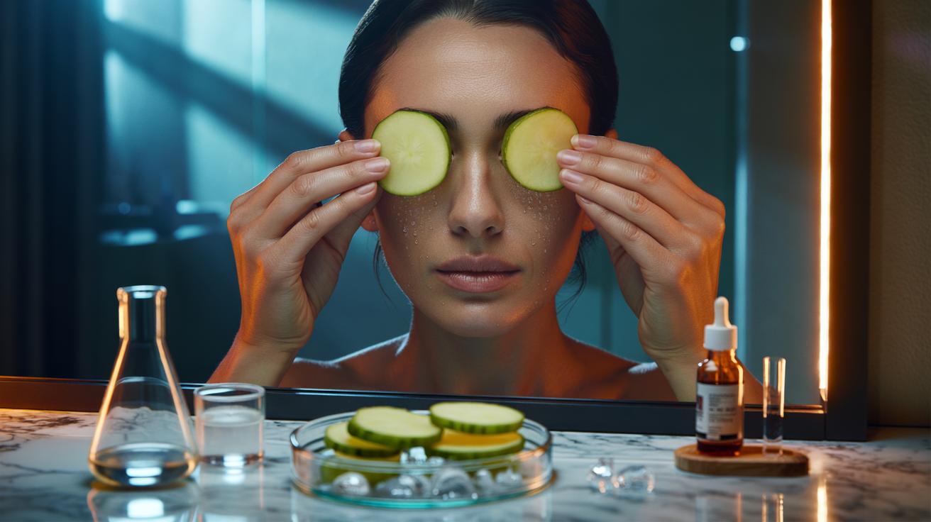 Illustration of a person applying chilled potato slices under the eyes to reduce dark circles and puffiness