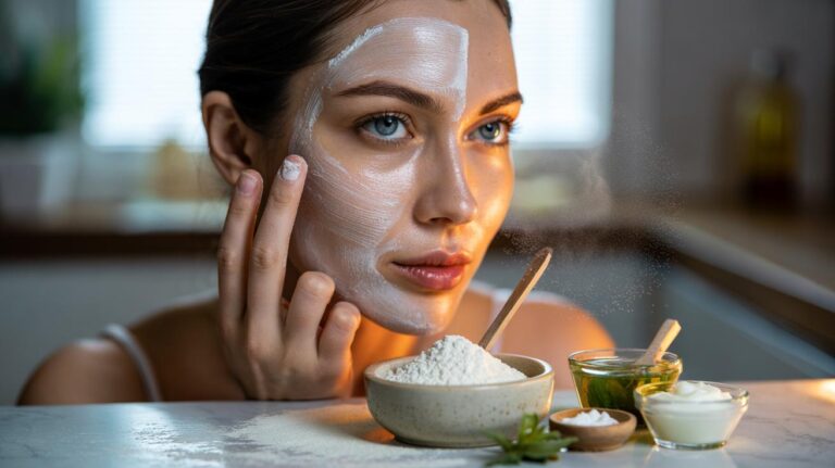 Illustration of a rice flour face mask being prepared and gently applied for exfoliation and a glass-skin glow