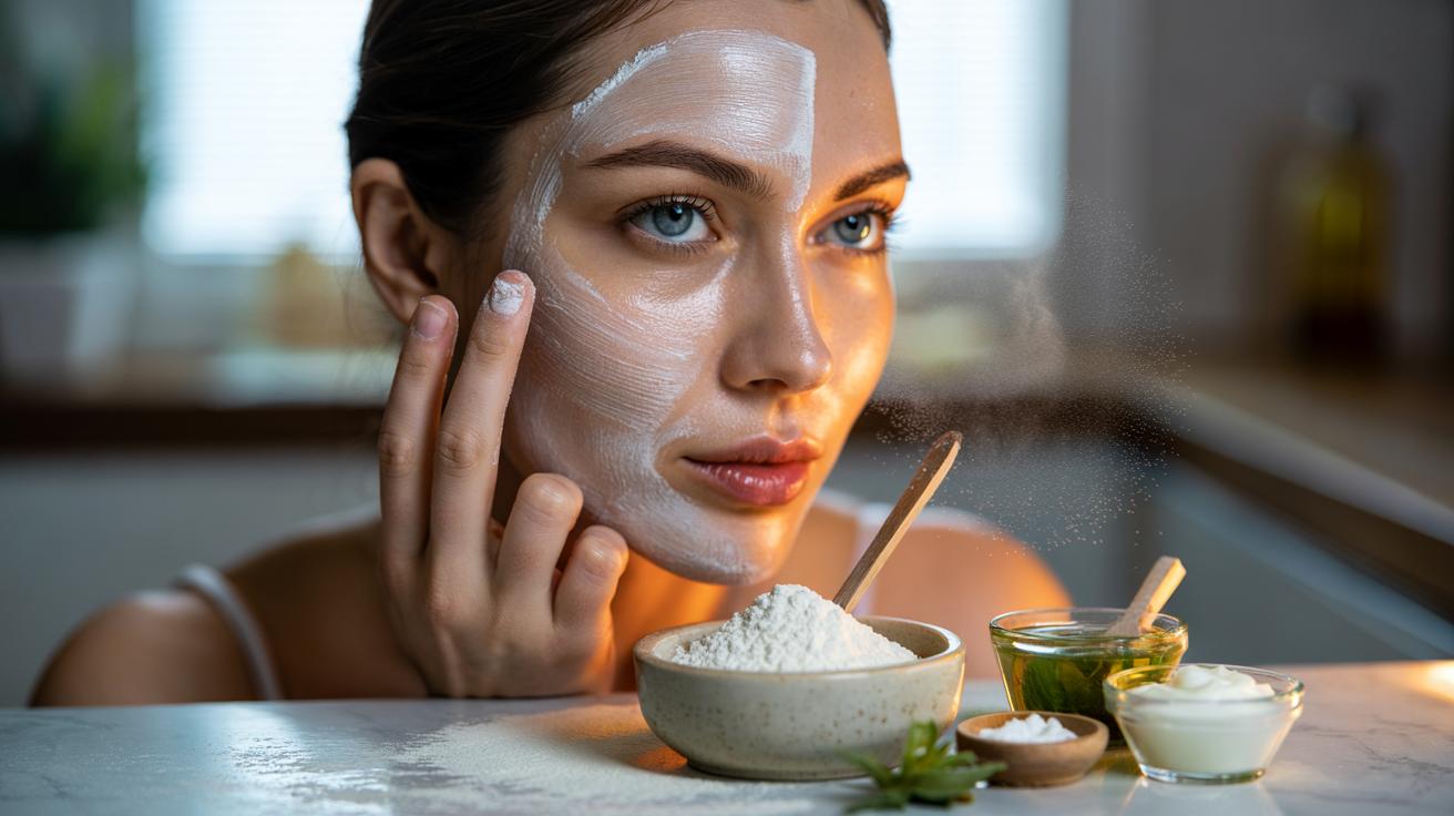 Illustration of a rice flour face mask being prepared and gently applied for exfoliation and a glass-skin glow