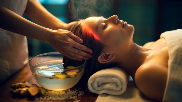 Illustration of warm rice water and ginger scalp rinse applied with gentle heat to stimulate circulation and support hair growth