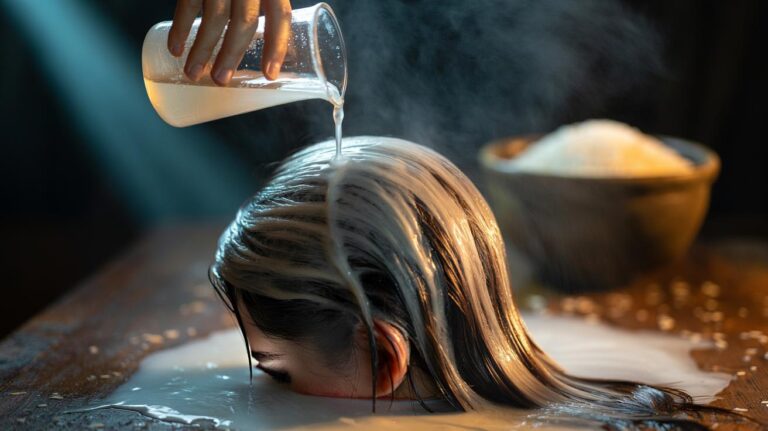 Illustration of a rice water hair rinse depositing starch on hair cuticles to seal them and create a slippery, shiny finish