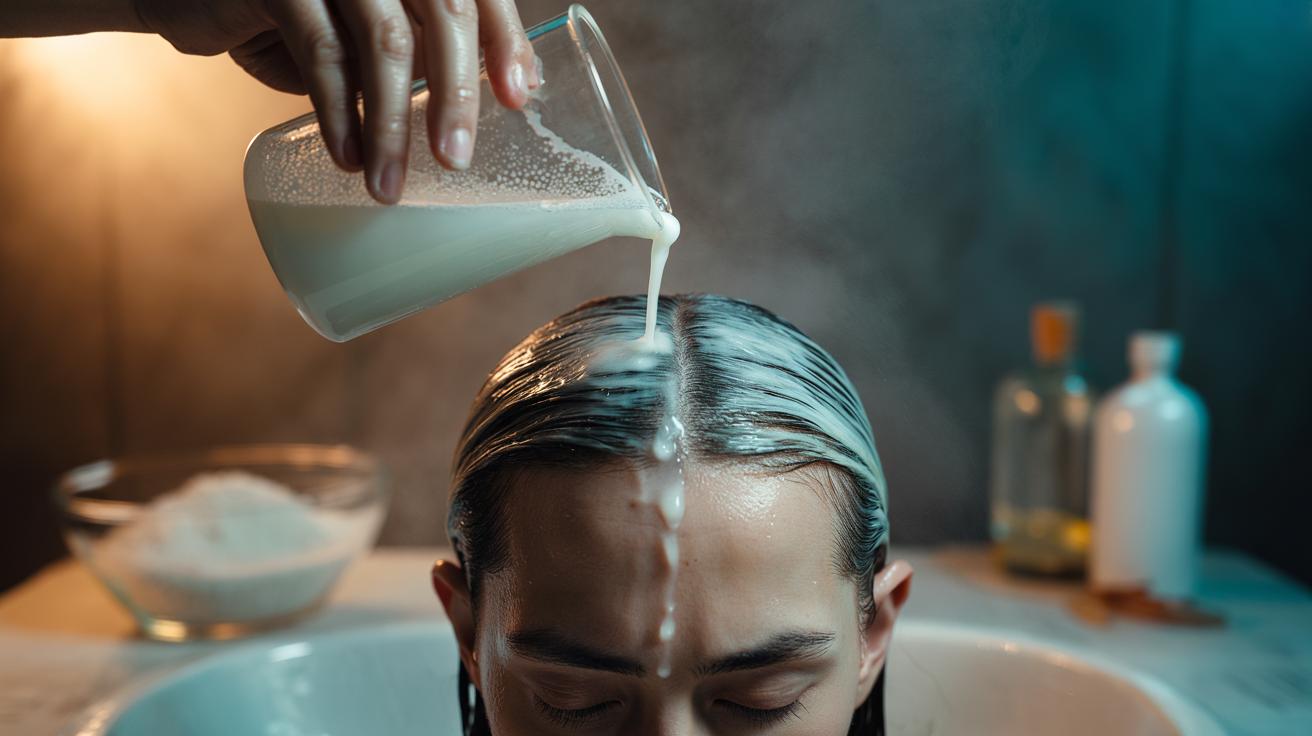 Illustration of starch-rich rice water being applied to the scalp to strengthen roots and reduce hair fall