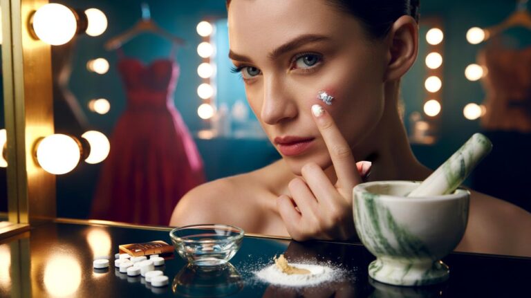 Illustration of a two-ingredient aspirin-and-water spot mask used by celebrities for overnight acne relief before red-carpet events