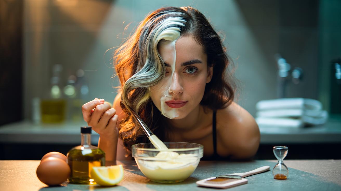 Illustration of the 3-minute mayonnaise hair mask transforming dry, damaged hair into silky strands in one wash