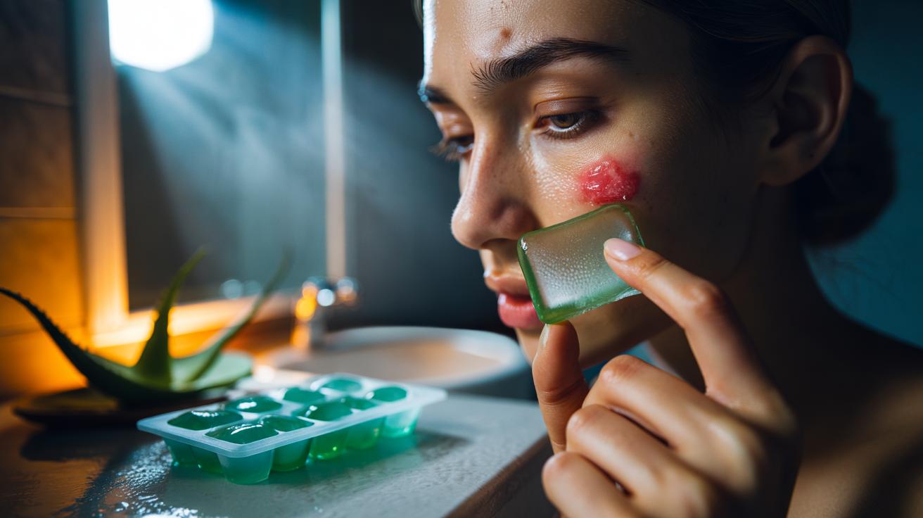 Illustration of a person gently rubbing a frozen aloe vera gel cube on an inflamed facial pimple before bedtime to reduce redness