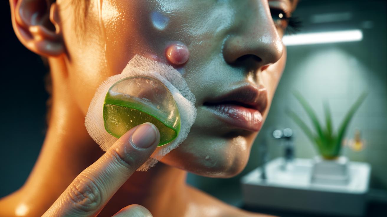 Illustration of a wrapped aloe vera gel ice cube being applied to a cystic pimple on the cheek