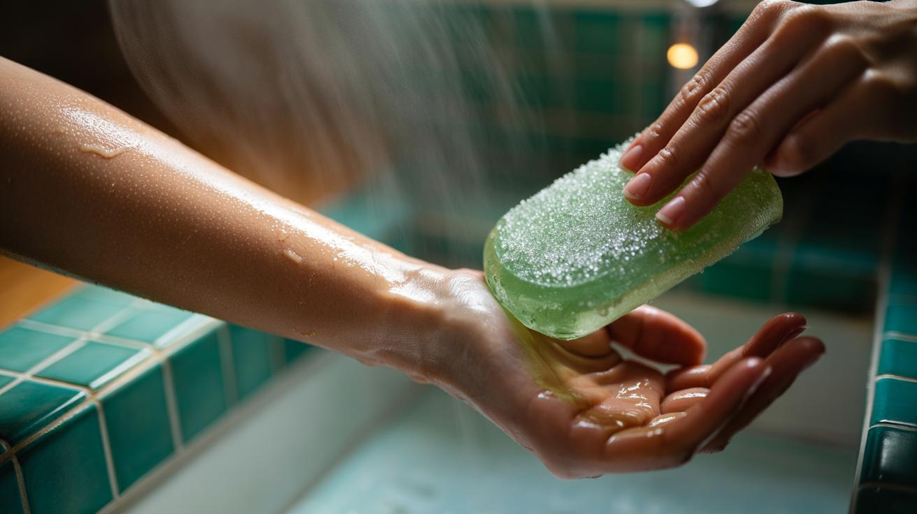 Illustration of aloe vera gel mixed with fine sugar being gently massaged onto patchy fake tan to lift pigment while cushioning the skin to prevent irritation