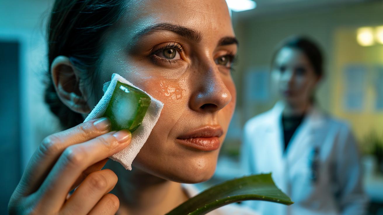 Illustration of an aloe vera ice cube facial massage to minimise the appearance of large pores