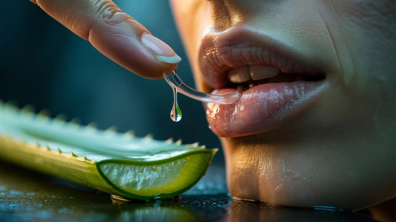Illustration of aloe vera gel being applied to dry lips to lock in moisture for all-day softness