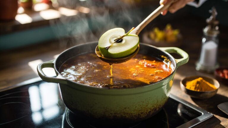 Illustration of an apple slice simmering in a pot of curry to reduce excess salt via pectin binding sodium ions