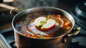 Illustration of an apple slice simmering in a stew to reduce saltiness through pectin binding sodium