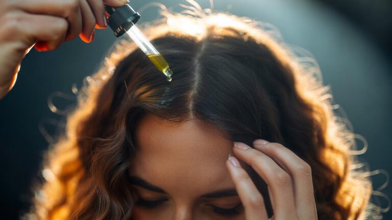 Illustration of a single drop of argan oil being applied to hair strands to smooth frizz and tame flyaways