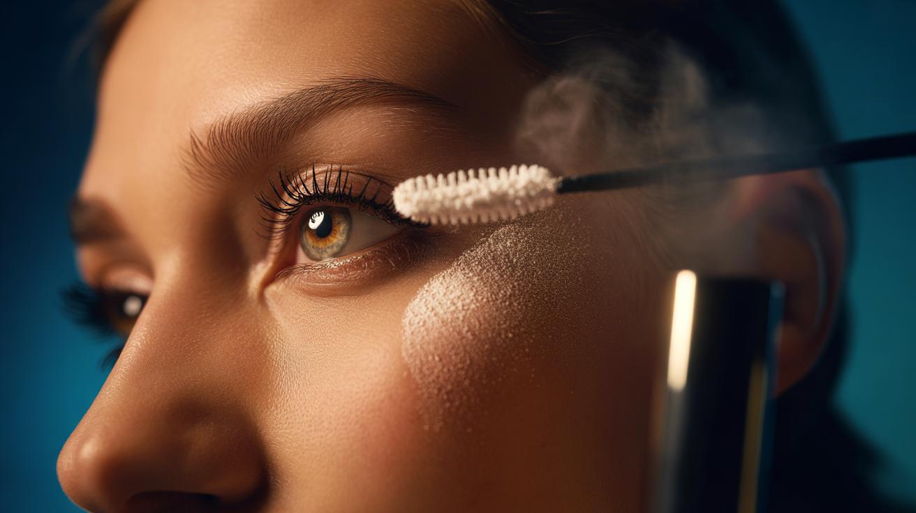 Illustration of dusting baby powder onto mascara-coated eyelashes with a spoolie to create longer-looking lashes without falsies