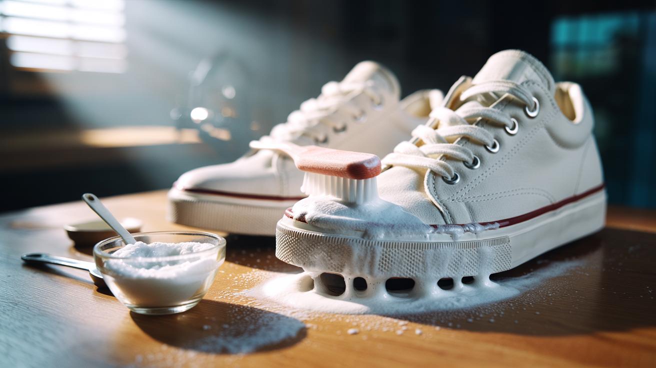 Illustration of baking powder mix effervescing on white sneakers’ fabric soles to lift grime