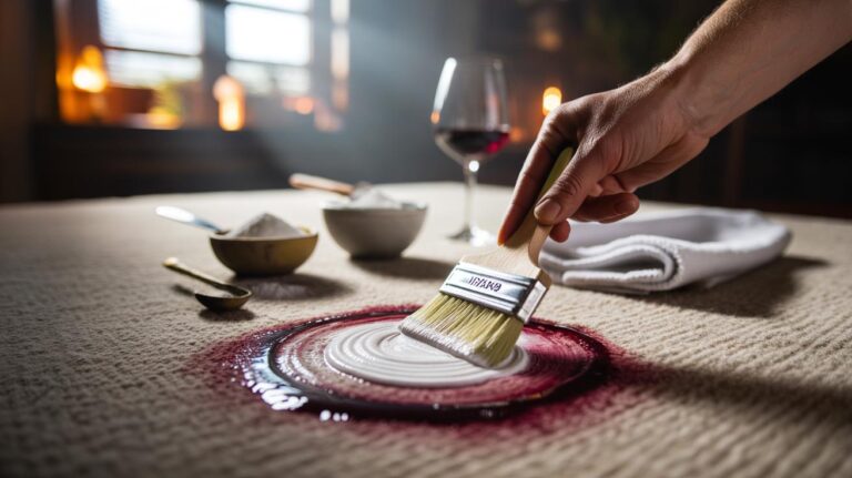 Illustration of baking soda paste being gently applied with a soft brush to a carpet stain to lift dirt without damaging fibres