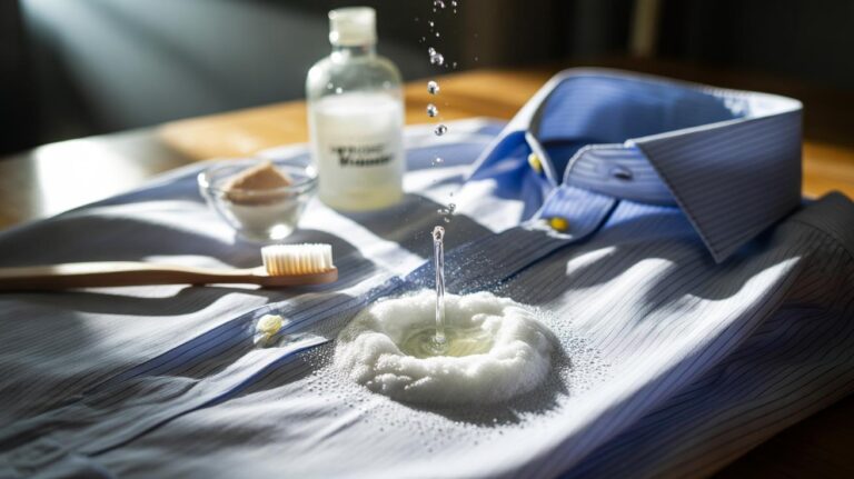 Illustration of baking soda paste fizzing on a white shirt’s underarm to remove yellow sweat stains