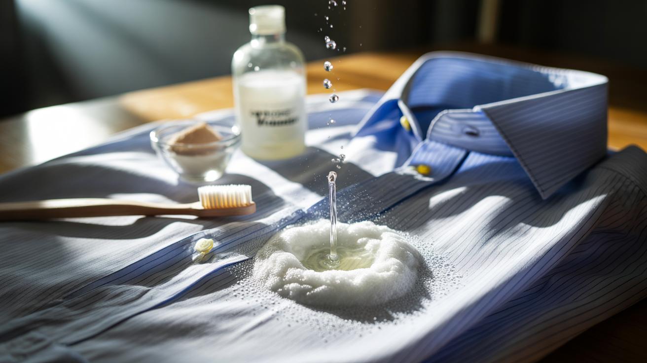 Illustration of baking soda paste fizzing on a white shirt’s underarm to remove yellow sweat stains