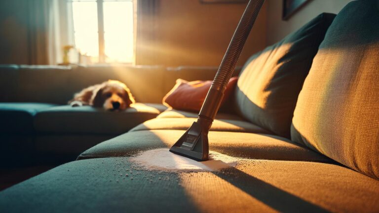 Illustration of baking soda sprinkled on a fabric sofa being vacuumed to remove deep pet odours