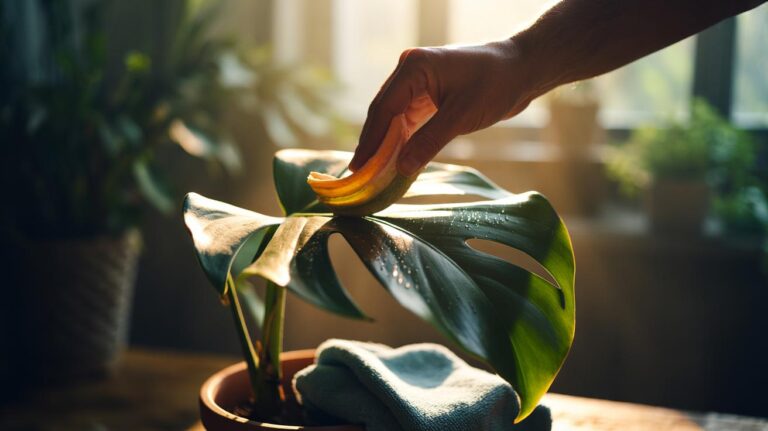 Illustration of a hand gently rubbing the inner side of a banana peel on a houseplant leaf to lift dust and enhance a natural shine