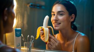 Illustration of a person rubbing the inside of a banana peel on their teeth as a natural whitening method, with whitening strips shown for comparison