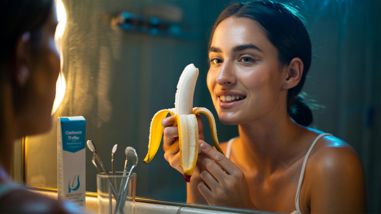 Illustration of a person rubbing the inside of a banana peel on their teeth as a natural whitening method, with whitening strips shown for comparison