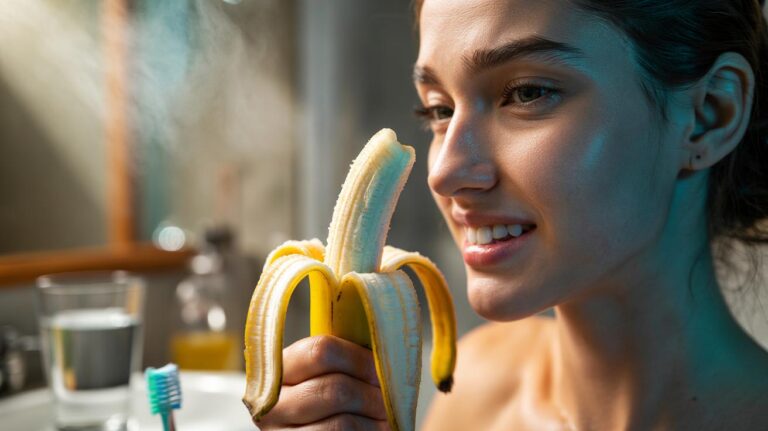 Illustration of a person gently rubbing the inside of a banana peel on their teeth to lift surface stains