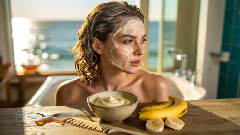 Illustration of a banana and yogurt hair mask repairing summer-fried hair with fast potassium-driven bond rebuilding