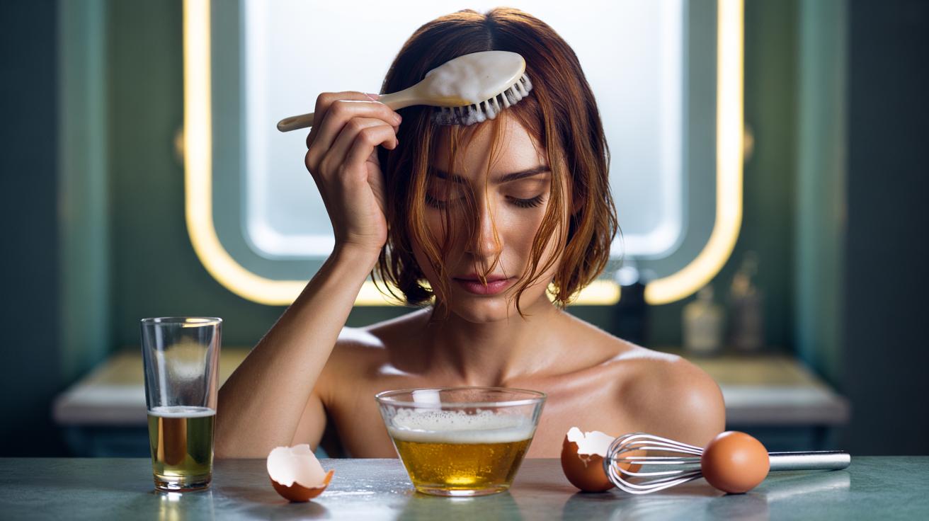 Illustration of a person applying a beer and egg hair mask to thicken hair