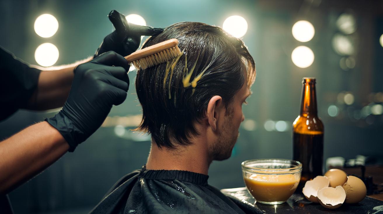 Illustration of a barber applying a beer and egg yolk hair mask to a male client's hair for thicker, shinier hair