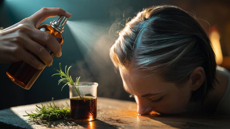 Illustration of a black tea and rosemary spray being applied to grey hair roots for temporary darkening