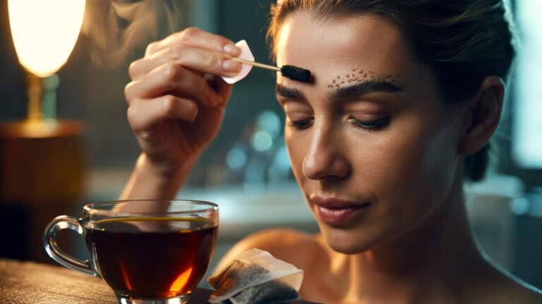 Illustration of a person applying cooled black tea to eyebrows with a cotton pad, using tannins to naturally darken brow hairs