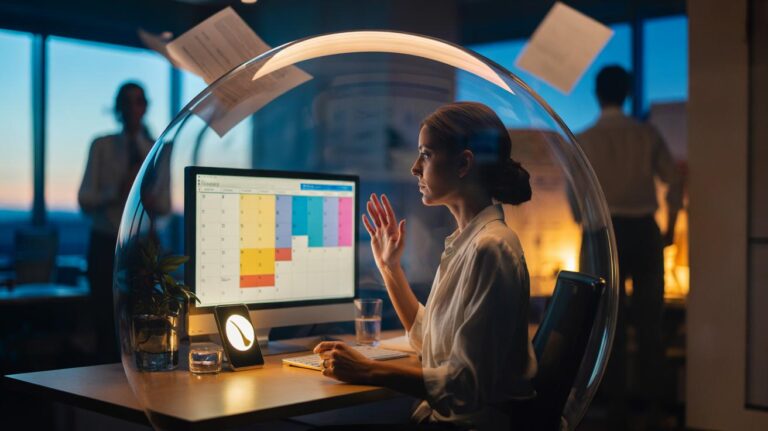 Illustration of a person setting clear boundaries, blocking time on a calendar and using polite scripts, to reduce stress and protect energy from overcommitment