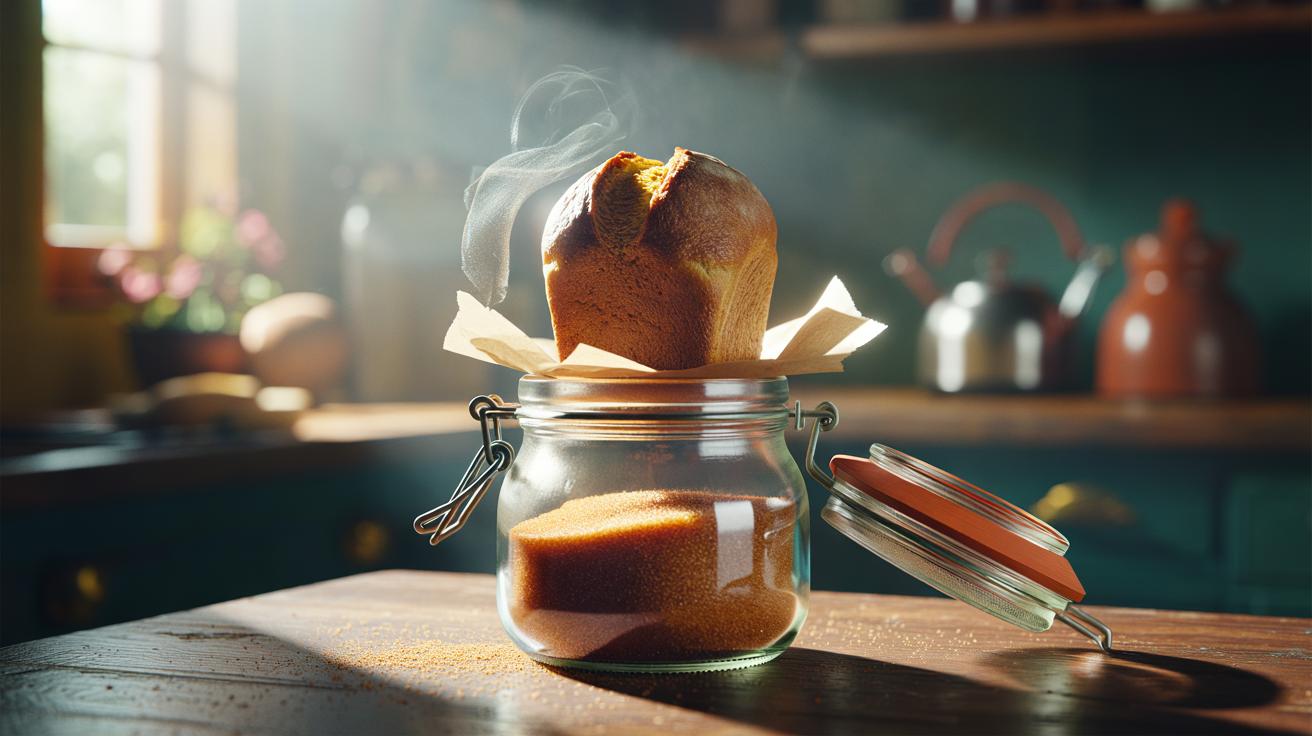Illustration of a bread heel inside a sealed sugar jar, releasing gentle moisture to keep the sugar soft