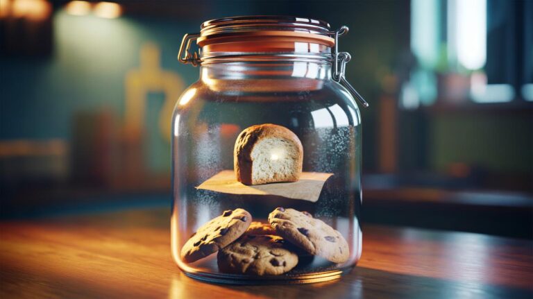 Illustration of a bread heel placed inside an airtight cookie jar to keep cookies chewy by sharing moisture